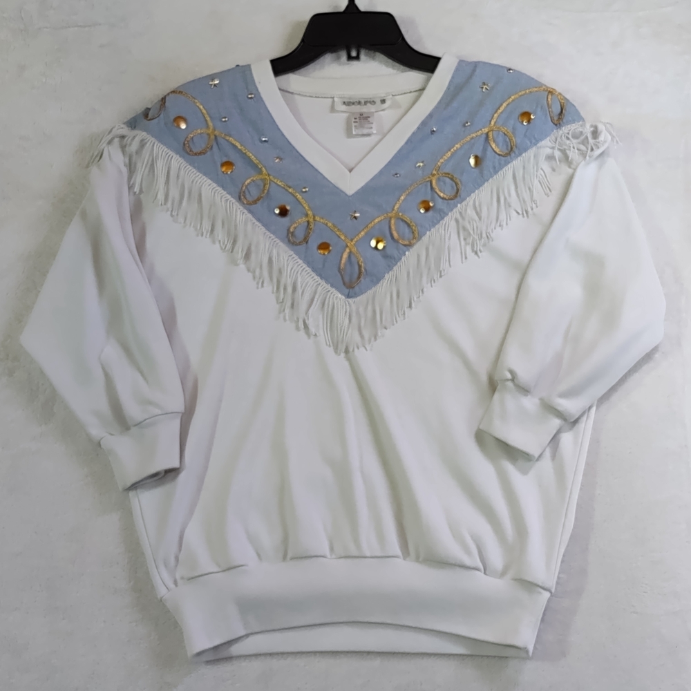 Vintage Adolfo White and Light Blue Fringed 1/4 Sleeve,embelished,W/Shoulder Pad